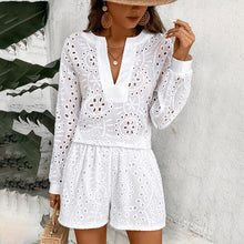 Load image into Gallery viewer, Women&#39;s Solid Color Elegant V-Neck Lace Long Sleeve Blouse &amp; Shorts Set