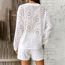 Load image into Gallery viewer, Women&#39;s Solid Color Elegant V-Neck Lace Long Sleeve Blouse &amp; Shorts Set