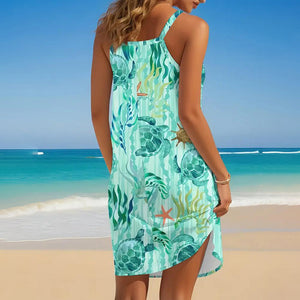 Women's Round Neck Sleeveless Sea Turtle Print Bohemian Beach Dress