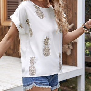 Women's Round Neck Pineapple Print Roll Sleeve Top