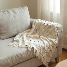 Load image into Gallery viewer, Hand Woven Cream Throw Blanket Striped with Tufts and Tassels