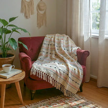 Load image into Gallery viewer, Hand Woven Cream Throw Blanket Striped with Tufts and Tassels