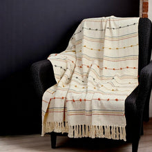 Load image into Gallery viewer, Hand Woven Cream Throw Blanket Striped with Tufts and Tassels