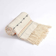 Load image into Gallery viewer, Hand Woven Cream Throw Blanket Striped with Tufts and Tassels