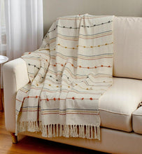Load image into Gallery viewer, Hand Woven Cream Throw Blanket Striped with Tufts and Tassels