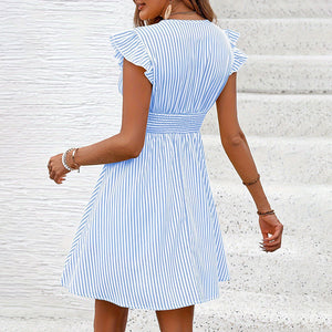 Women's Mini Dress V Neck Flutter Sleeve Striped Summer Dress