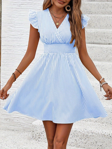 Women's Mini Dress V Neck Flutter Sleeve Striped Summer Dress