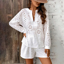 Load image into Gallery viewer, Women&#39;s Solid Color Elegant V-Neck Lace Long Sleeve Blouse &amp; Shorts Set